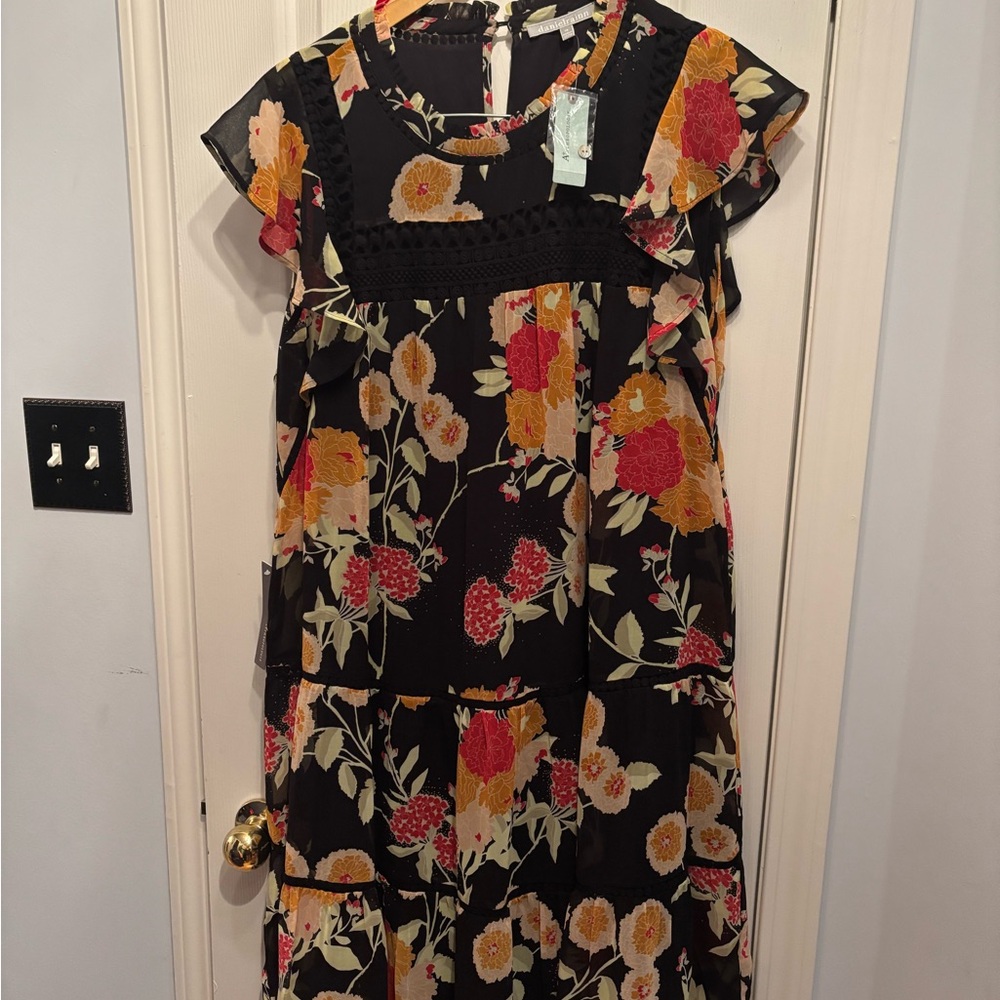 Anthropologie Black Floral Dress with Yellow and Red Blooms